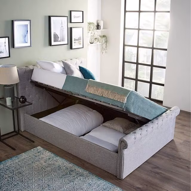 Home Treats Grey Upholstered Sleigh Bed with Ottoman Side Lift Storage, Double, 140 x 200 cm