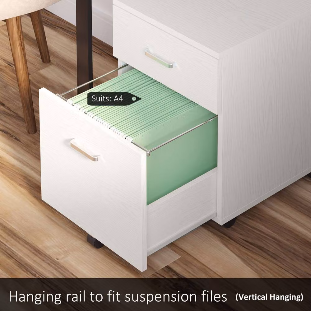 STILVORA 2-Drawer Filing Cabinet with Lock and Castors in White – 3