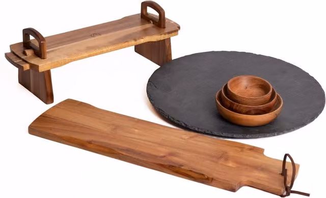 Artesa 6-Piece Brown Acacia Wood Serveware Set including Antipasti Platform Platter, Baguette Board, 3 Serving Bowls and Turntable