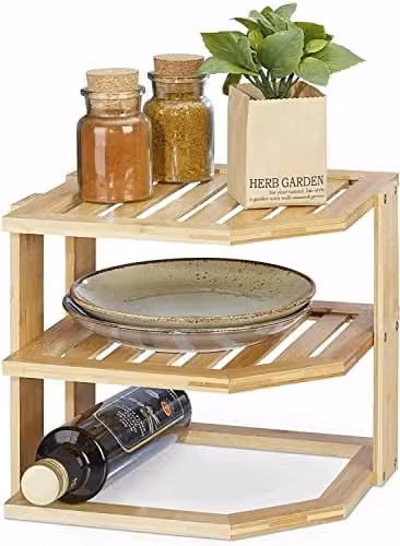 MantraRaj 3 Tier Bamboo Corner Shelf Organiser in Brown, W/D/H: 25.4 x 25.4 x 24.1 cm