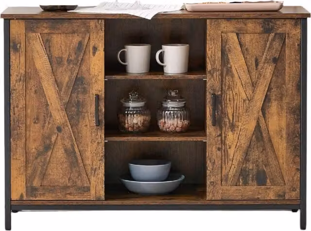 Modcraft Industrial Wood Display Table with Cupboard and Internal Shelves, Brown
