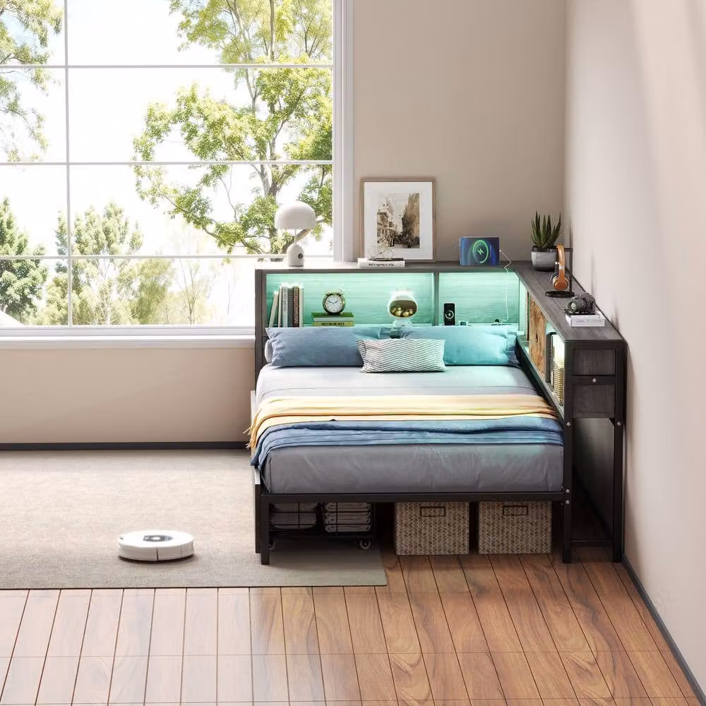 Rolipo Industrial Single Bed in Grey and Brown with RGB LED Lighting, USB Charging Port and Bedside Shelf, W/D/H: 140 x 200 cm – 4