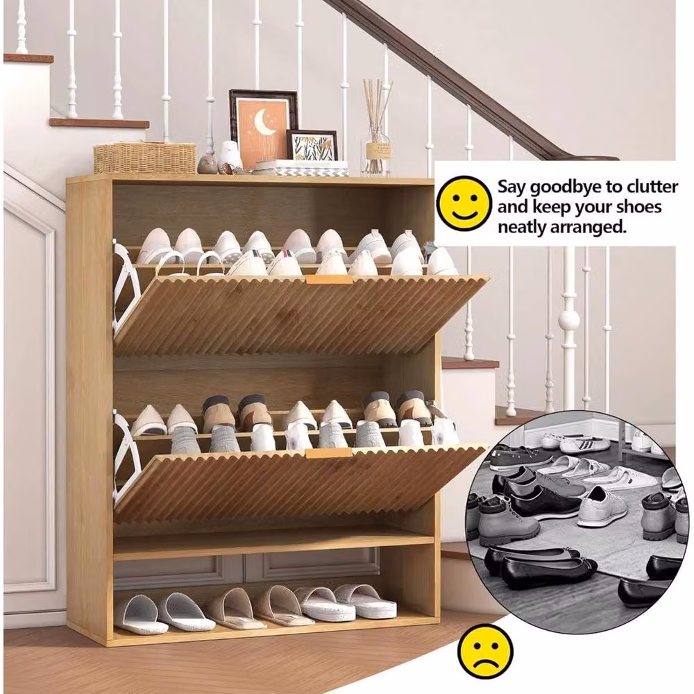 VOGREX Modern Fluted Shoe Cabinet in Oak with Tilting Compartments and Open Shelving, Brown, W/D/H: 80 x 30 x 102 cm – 4