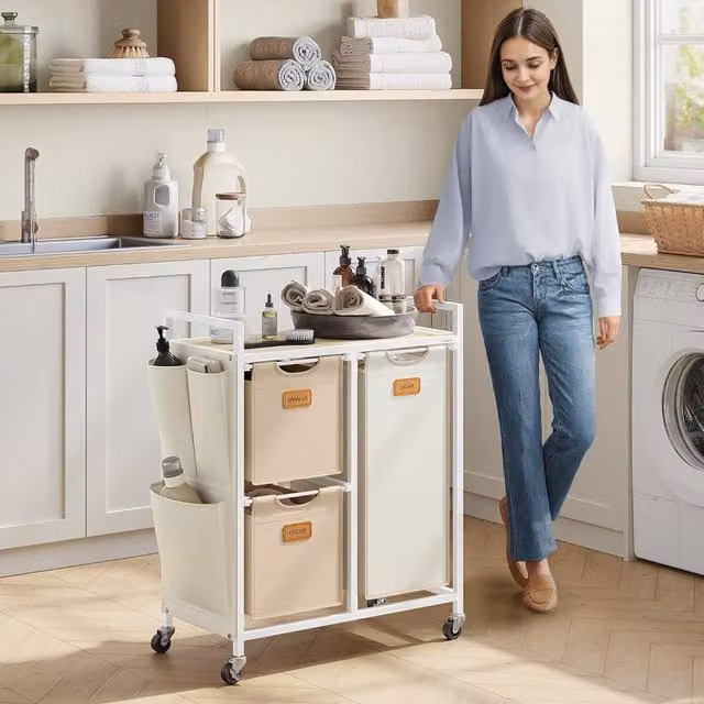 The Bazaarist 3 Compartment Laundry Cart with Shelves and Removable Bags in Natural Beige, Camel Brown and Cream White, W/D/H: 68.6 x 80.5 x 33.0 cm