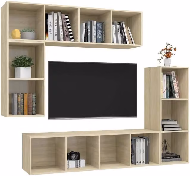 Berkfield Home Practical 4 Piece TV Cabinet Set in Sonoma Oak and Beige Engineered Wood
