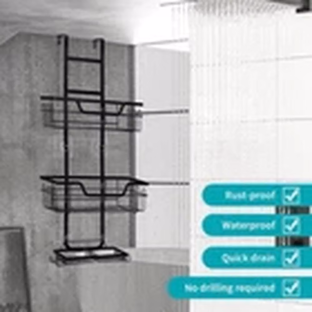 EONLION Black Metal Over Door Bathroom Shower Caddy Storage Rack Organizer with Hooks and Drainage – 3