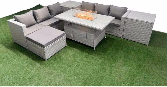 Fimous 7-Seat PE Rattan Lounge Set with Fire Pit Table in Light Grey and Dark Grey