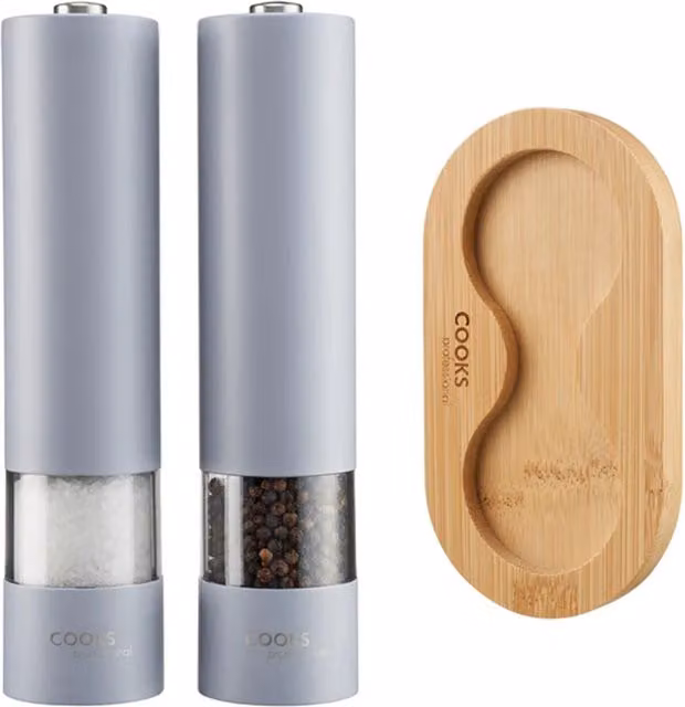 Cooks Professional Electric Automatic Salt and Pepper Mill Set with Bamboo Base in Grey