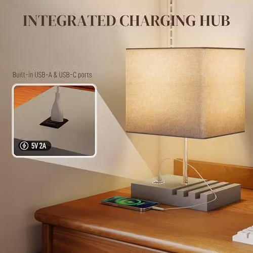 HOMCOM Grey Bedside Lamp with USB A+C Charging Ports and 3 Phone Stands – 3