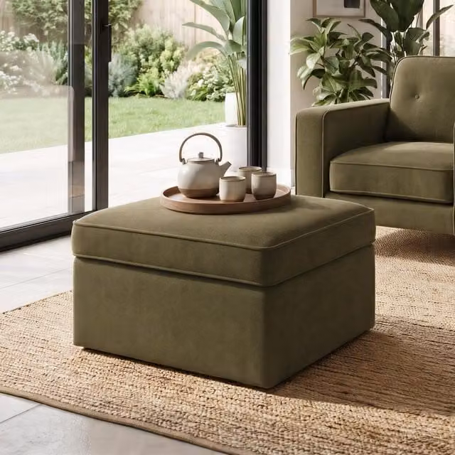 Furniturebox UK Jasper Linen-Look Fabric Storage Footstool in Green