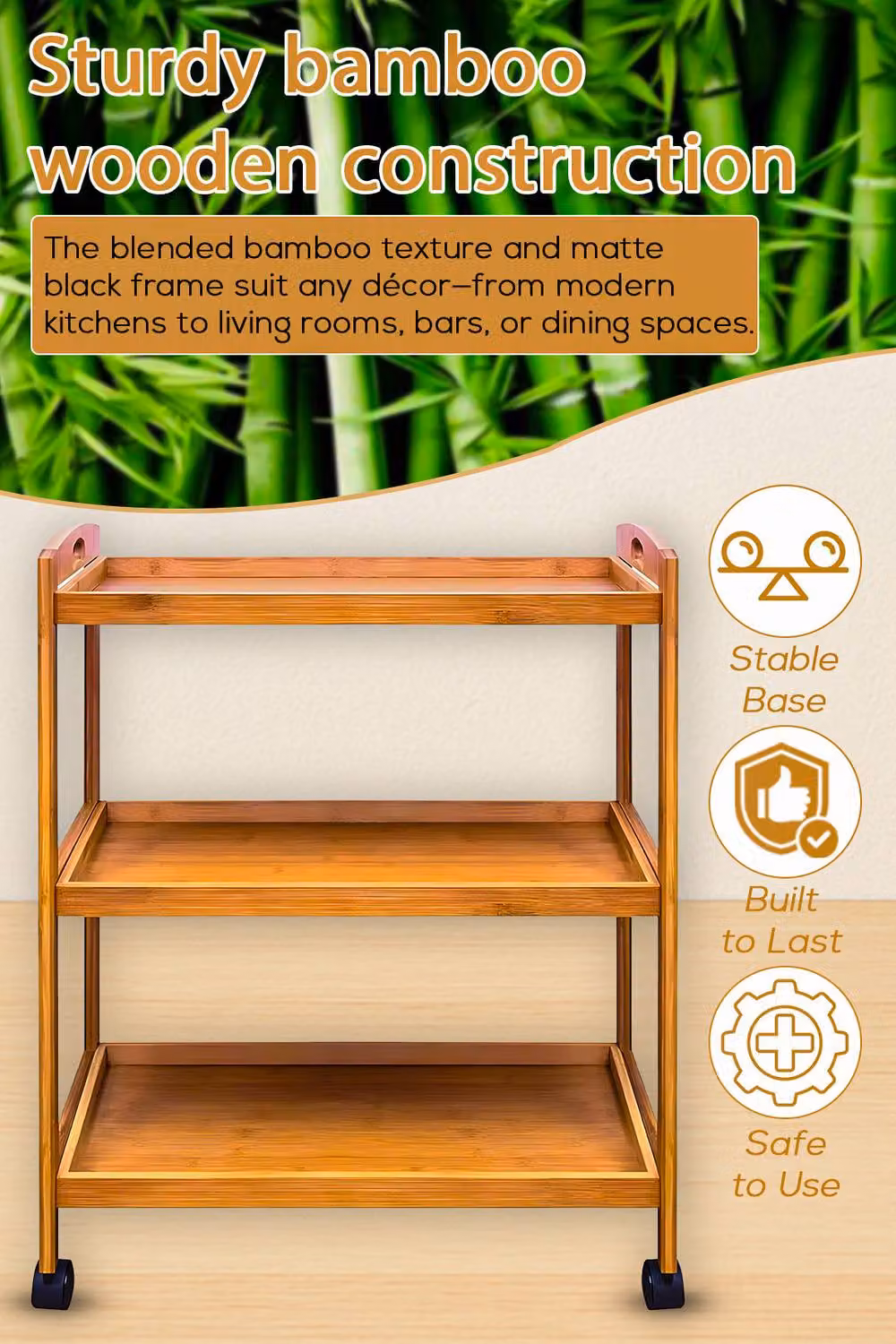 Hygrad 3 Tier Bamboo Kitchen Serving Trolley Island Cart with Wheels in Natural – 3