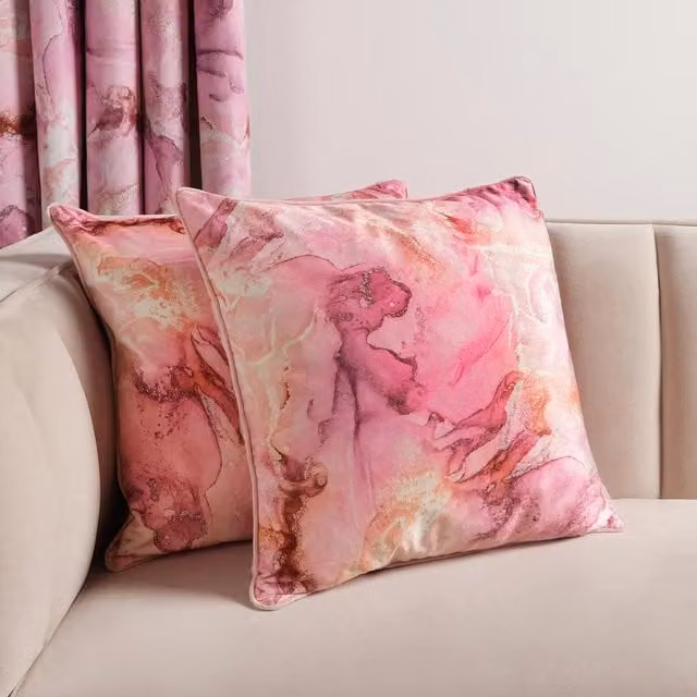 OHS Pack of 2 Square Matte Velvet Marble Cushion Covers in Pink