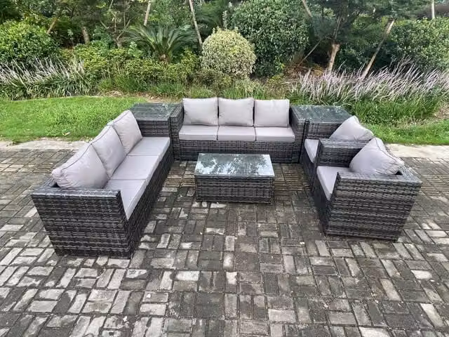 Fimous Dark Grey Polyrattan Garden Furniture Set with 3-Seater Sofa, 2 Armchairs, Oblong Coffee Table and 2 Side Tables