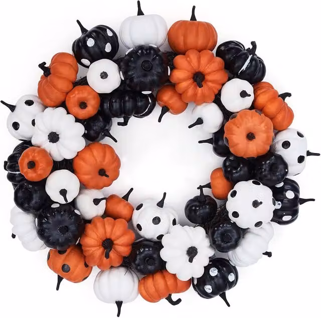 London Boutique Halloween Pumpkin Rattan Wreath in Orange, Black and White, Diameter: 45.72 cm