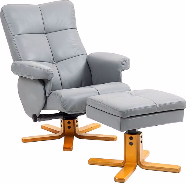 HOMCOM PU Leather Swivel Recliner Chair with Footstool and Storage, Light Grey
