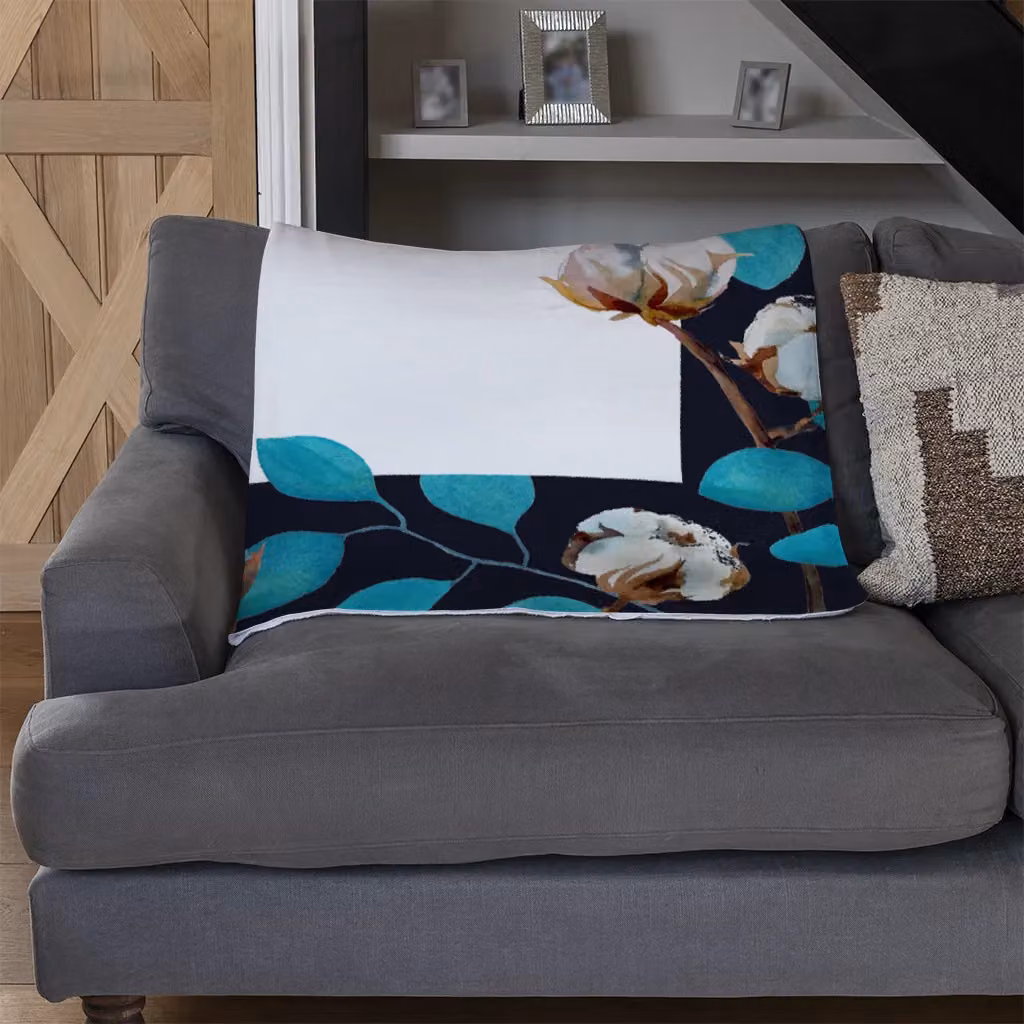 Benjamin Tate Design Watercolour Blue Leaf Frame Fleece Blanket in Blue and Sand, W/D/H: 120 x 150 cm – 3