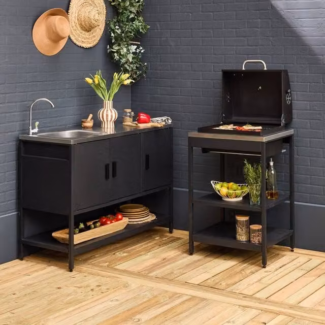 sweeek Outdoor Kitchen with Charcoal Barbecue and 2 Sink Modules in Black and Stainless Steel
