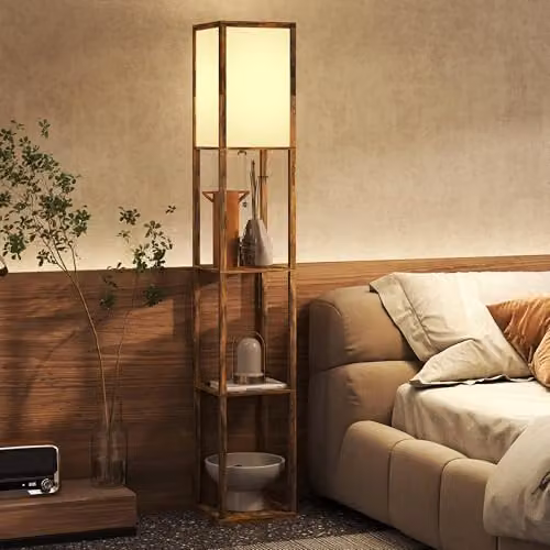HOMCOM 4-Layer Rustic Brown Column Standing Floor Lamp with USB Ports and E27 Socket – 6