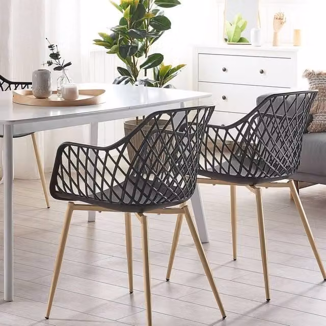 Wyld and Coco 2-Pack Modern Black Dining Chairs with Armrests and Open Net Back