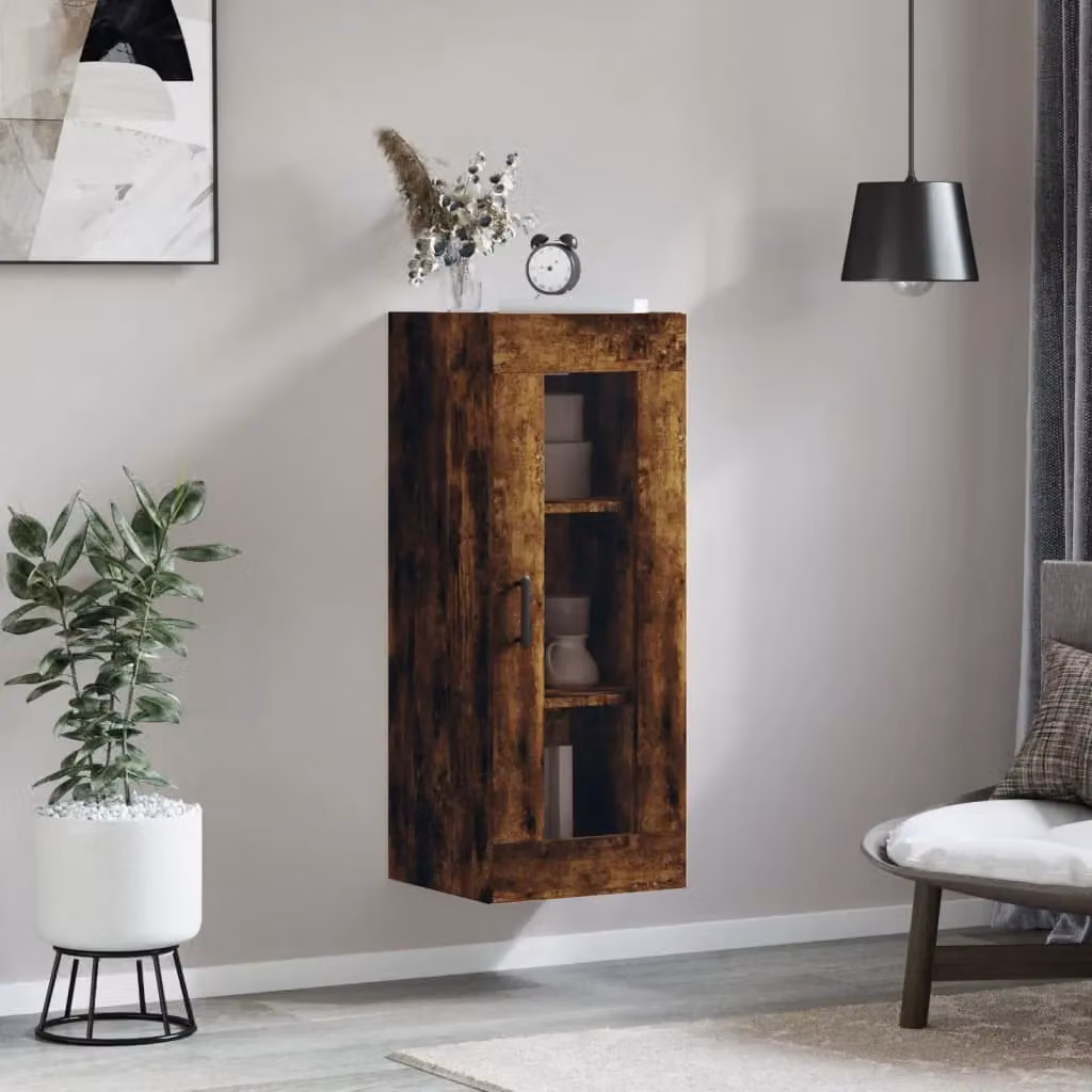 Berkfield Home Wall Mounted Smoked Oak Cabinet with Glass Doors in Brown W/D/H: 34.5 x 34 x 90 cm – 3