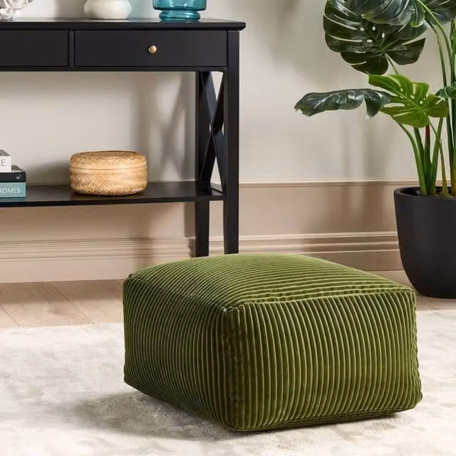 Wyld and Coco Dark Green Corduroy Cube Pouffe with Removable Cover – 1