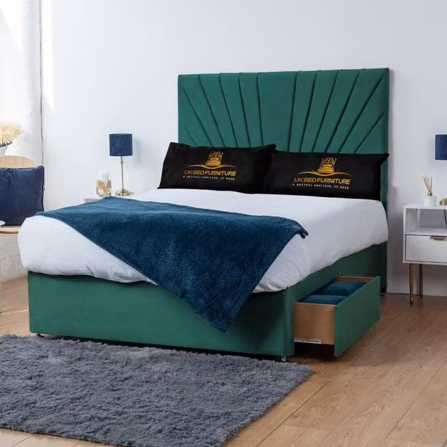 UK Bed Furniture Sunrise Divan Bed with 4 Drawers and 26 Inch Headboard in Green, Super King, W/D/H: 200 x 200 cm