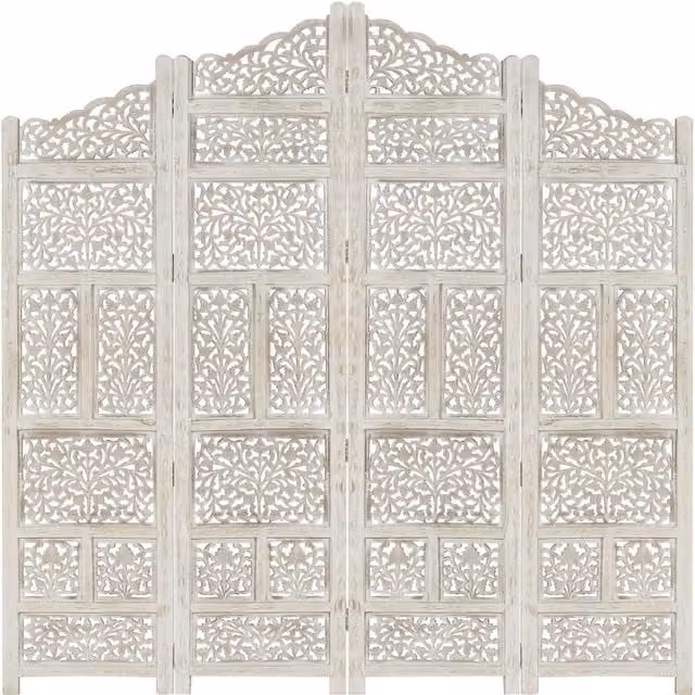 Berkfield Home Hand Carved 4-Panel White Mango Wood Room Divider W: 160 cm, H: 165 cm