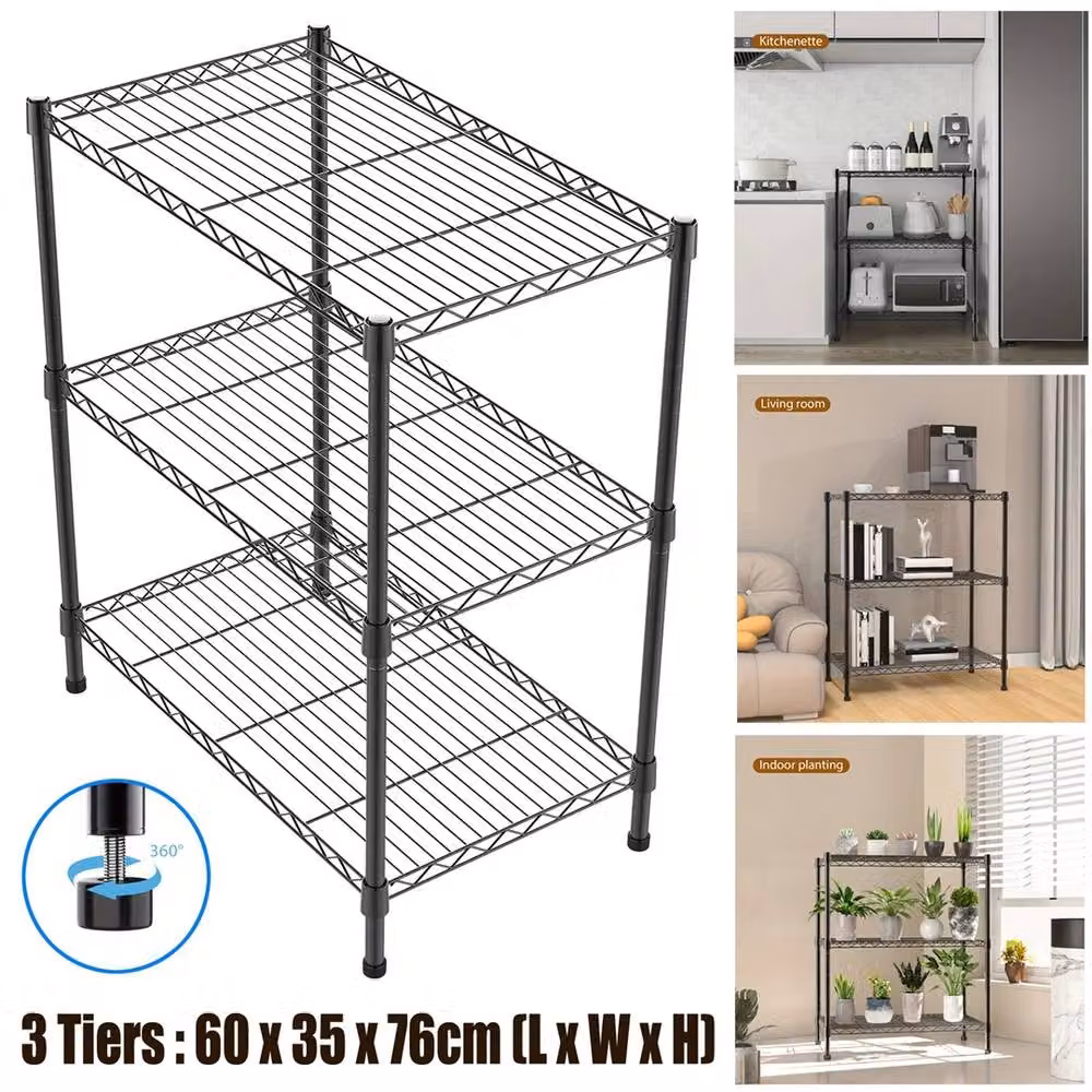 Nordara 3 Tier Metal Shelving Rack in Black with Adjustable Shelves – 4