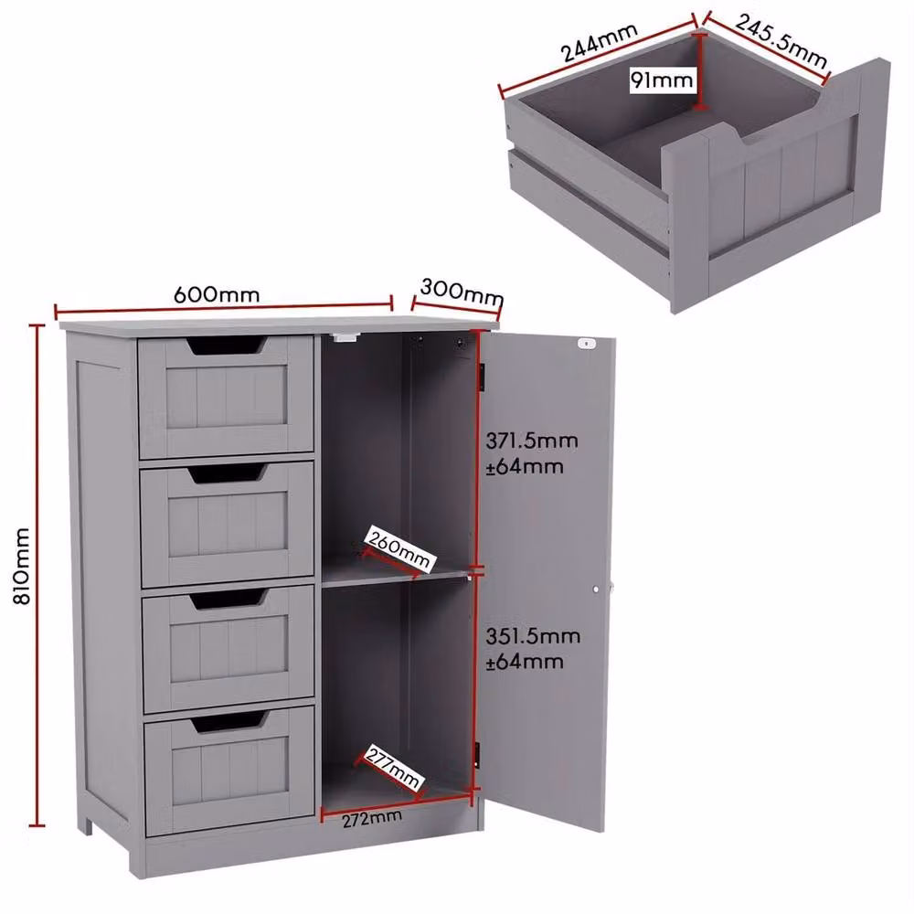 Havendro Grey Modern Bathroom Storage Cabinet with 4 Drawers and 1 Door Freestanding Unit – 2