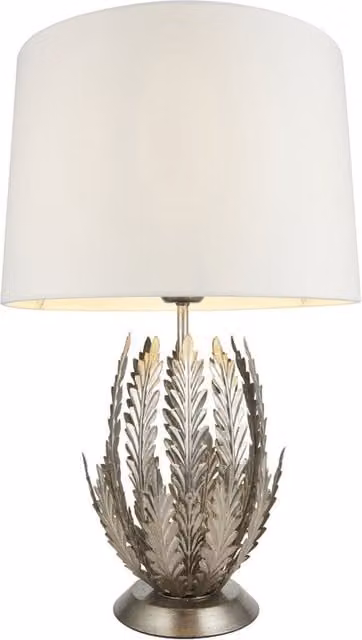 Loops Ornate Silver Table Lamp with Beige Fabric Shade and Decorative Leaf Design – 1