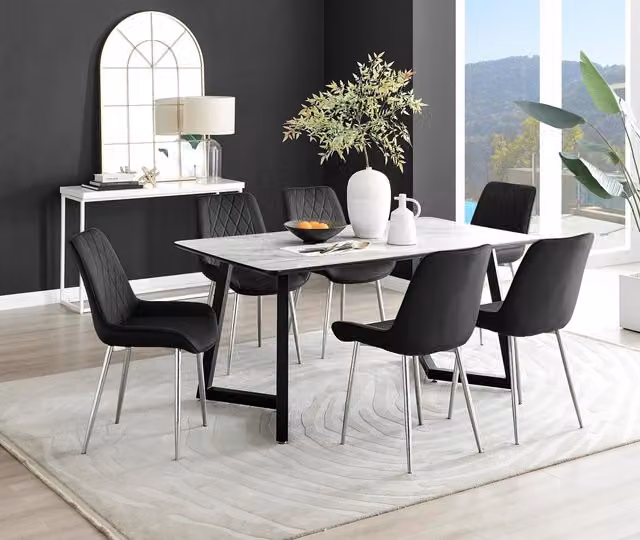 FurnitureboxUK Carson White Marble Effect Dining Table and 6 Pesaro Silver Chairs in Black – 1