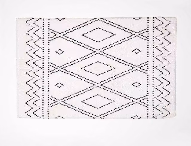 Homescapes Black and White Cotton Bath Mat with Boho Design, W: 50 cm, D: 80 cm
