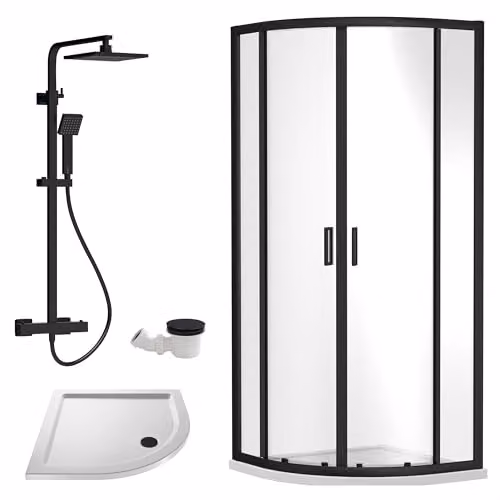 Balterley Quadrant Shower Enclosure with Tray, Waste and Thermostatic Shower Kit in Black, 6mm Toughened Safety Glass, W/D/H: 78 x 78 x 185 cm