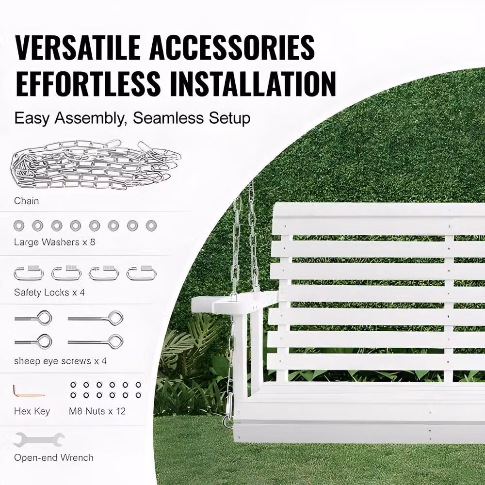 VEVOR White Lacquered Treated Hardwood Porch Swing with Armrests – 6