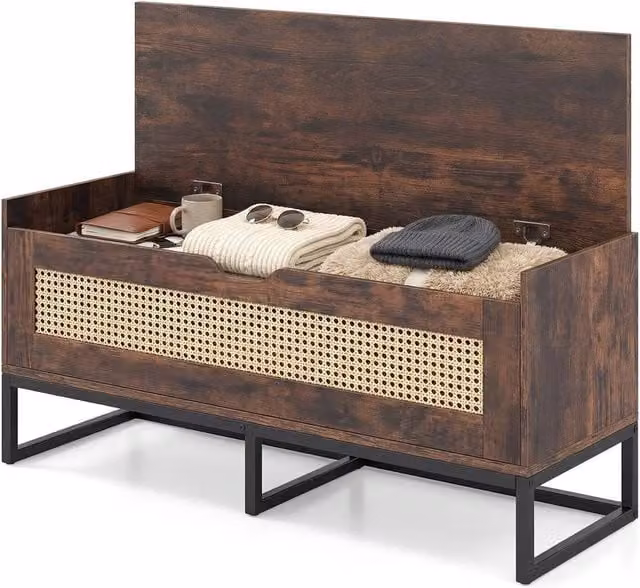 Kelvenix Brown Wicker Shoe Bench with Padded Fabric Seat – 1