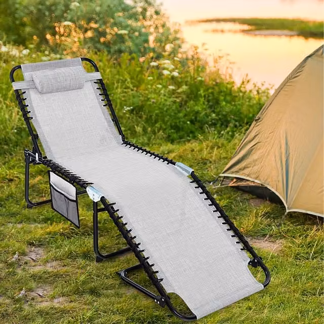 Costway Grey Folding Patio Chaise Lounge Chair with Adjustable Headrest and Textilene Fabric