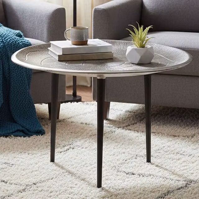 Orsina Silva Oak Effect Round Coffee Table with Silver Top and Black Metal Legs – 2