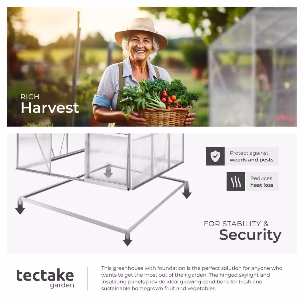 tectake Aluminium Greenhouse with Foundation and Polycarbonate Sliding Windows in Transparent – 5