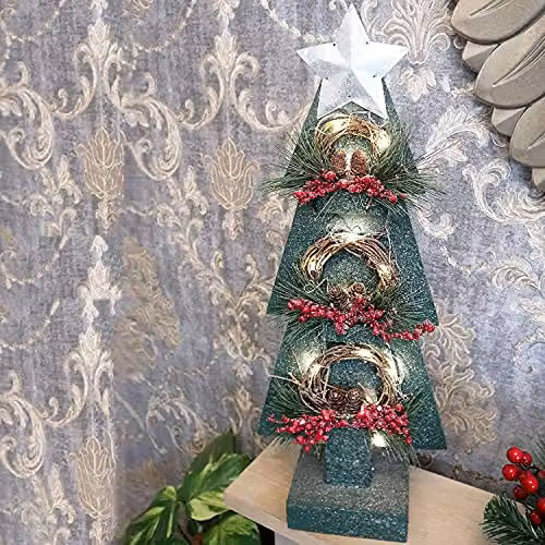 SHATCHI Green Wooden Christmas Tree Tabletop Centrepiece with Wreath and 15 Warm White Bulbs, Height: 80 cm – 2