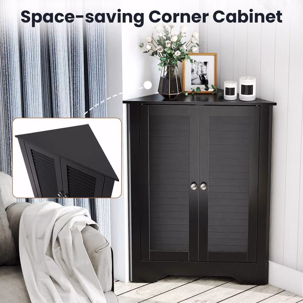 Gymax Freestanding Corner Storage Cabinet with Double Roll Shutter Doors in Black – 5