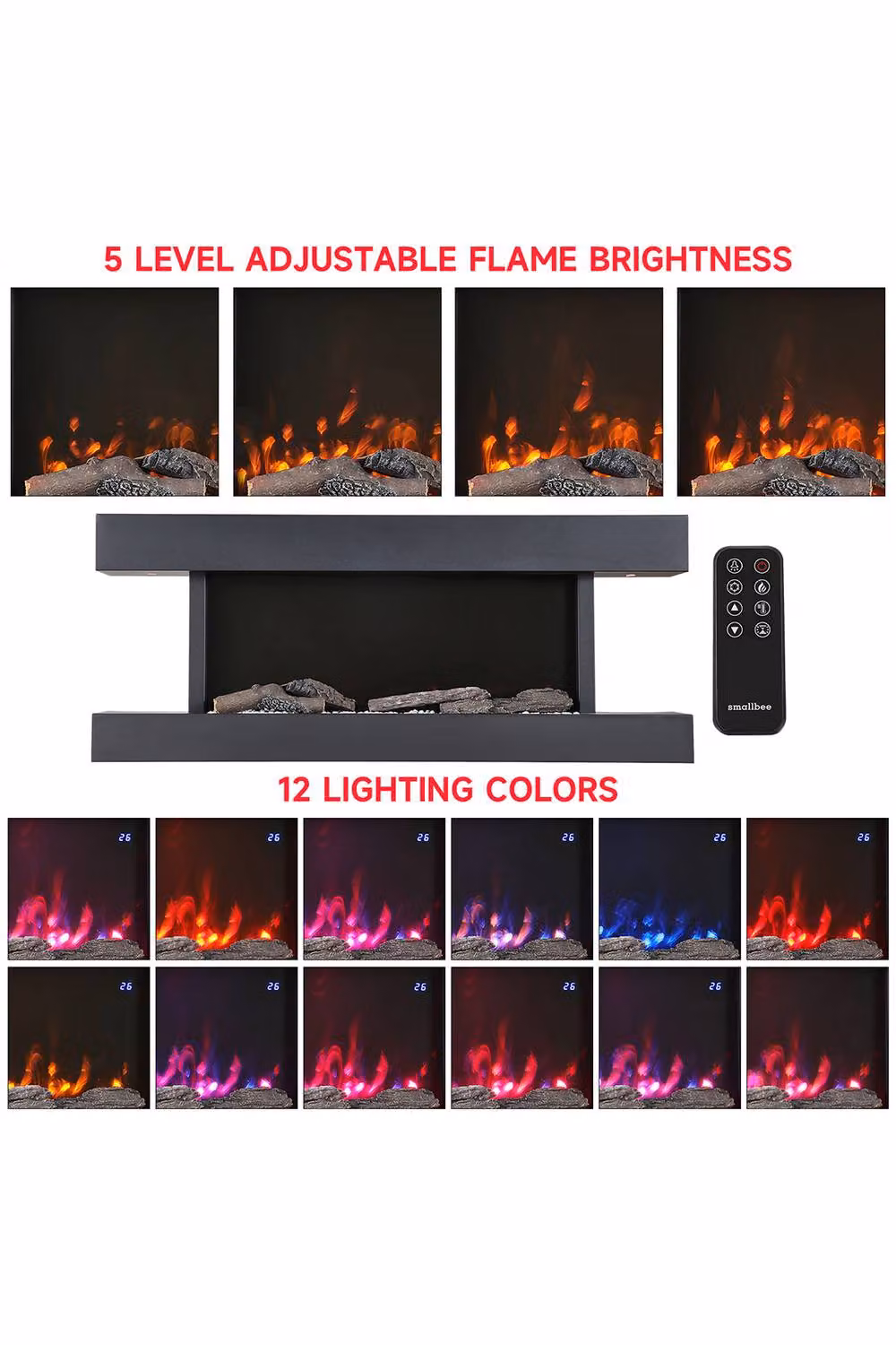 Living and Home 52 Inch Wall-Mounted Electric Fireplace with 12 LED Flame Colours in Black with WiFi – 3
