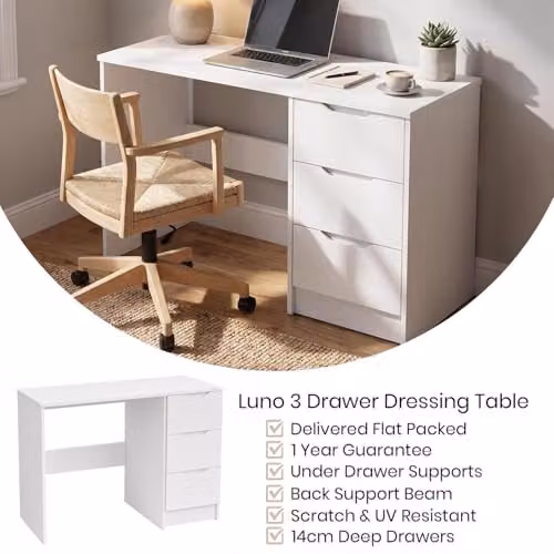 FWStyle Luno White 3 Drawer Dressing Table, W: 99 cm, D: 40 cm, H: 72 cm – 2
