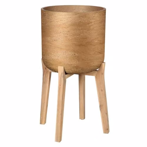 Primrose Modern Round Concrete Tabletop Planter with Wooden Stand in Bronze and White, H 51.5 x W 32 x D 32 cm – 2