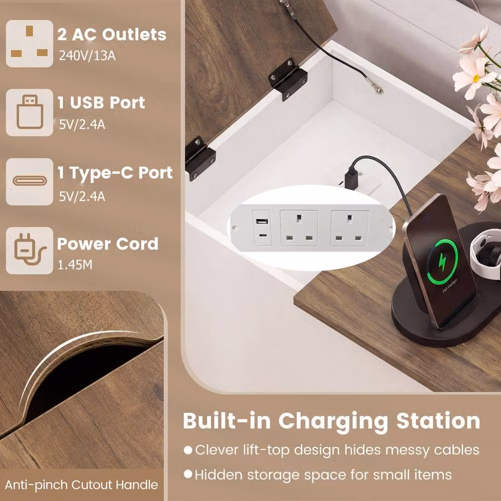 Gymax Farmhouse End Table with Charging Station and Cabinet in White – 3