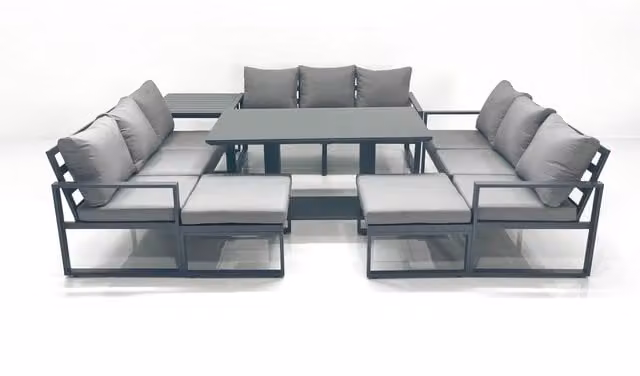 Fimous 11 Seater Garden Sofa Set with Height Adjustable Rising Dining Table, Side Table and 2 Big Footstools in Dark Grey Aluminium