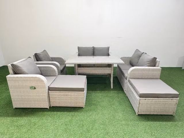 Fimous 8 Seater Rattan Garden Furniture Set with Rectangular Dining Table and 2 Footstools in Light Grey