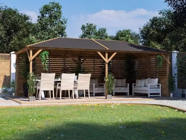 Dunster House Wooden Gazebo Kit with Louvre Wall and Bitumen Shingles in Brown, W: 600 cm, D: 300 cm