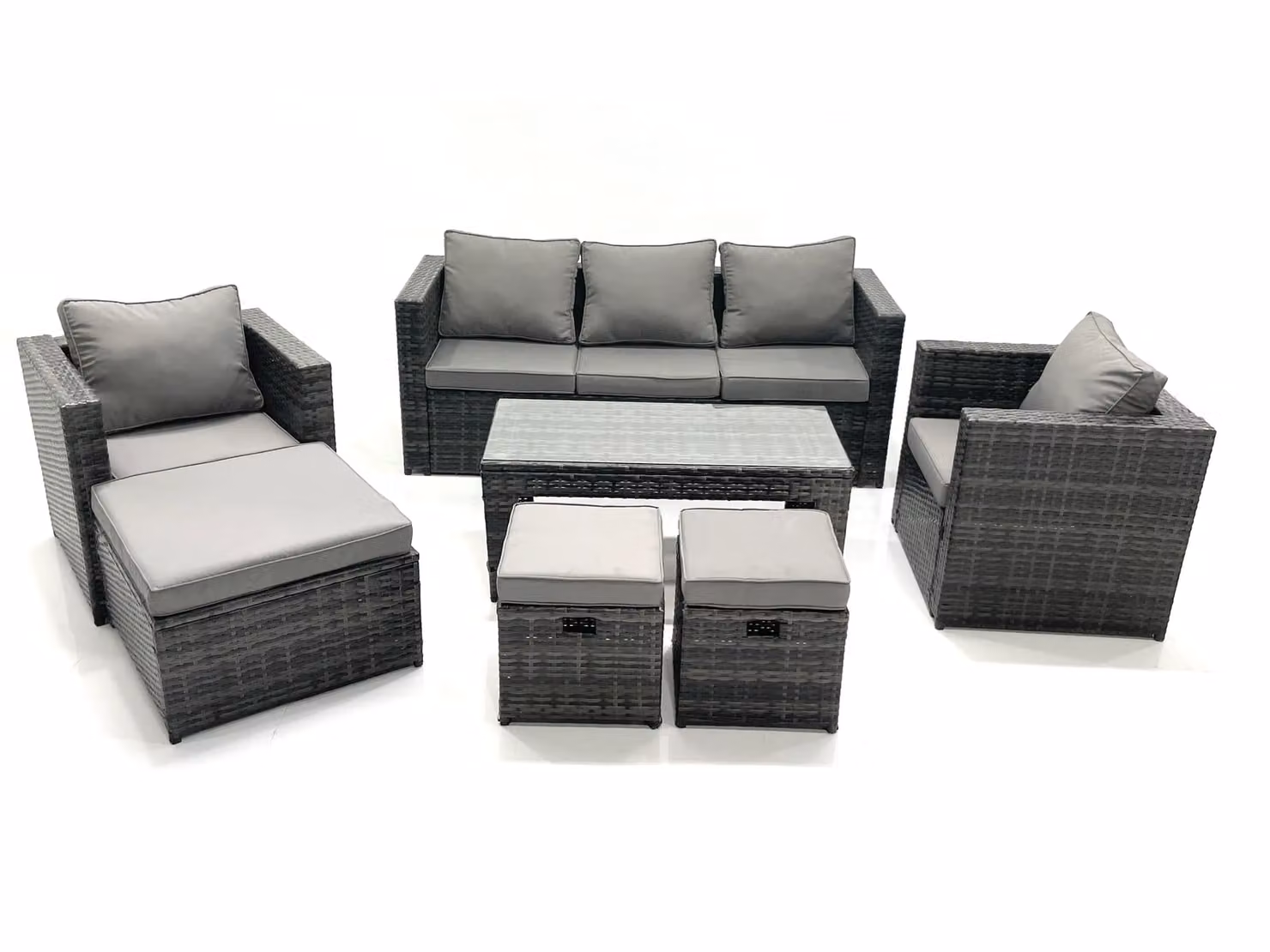 Fimous 8 Seater Rattan Garden Furniture Set in Dark Grey with Sofa, Coffee Table, 2 Armchairs and 3 Footstools – 2