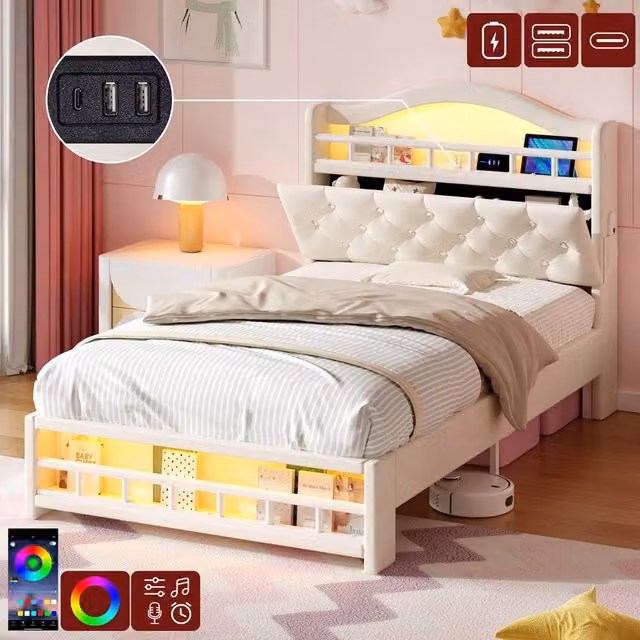 Matteo Single Velvet Bed Frame in Beige with LED Lighting, USB Charging, Side Compartments and Storage – 1