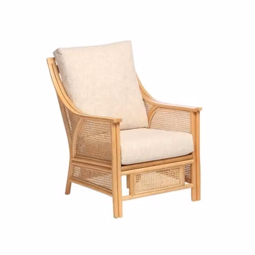 Desser Natural Rattan Chester Armchair with Beige Fabric Cushions, W/D/H: 63 x 90 x 108 cm – 1